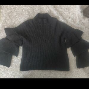 Women's Wool Blend Dark Gray Ruffled Sleeve Sweater Top Size Large